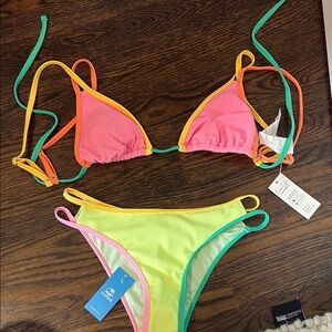 Cupshe Neon Pink & Lime Colorblock Triangle Bikini with Multicolor Straps